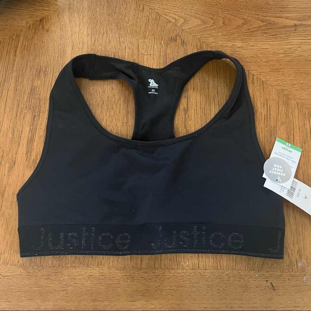 NWT justice girls oh so soft sports bra Sz 32 black first bra
